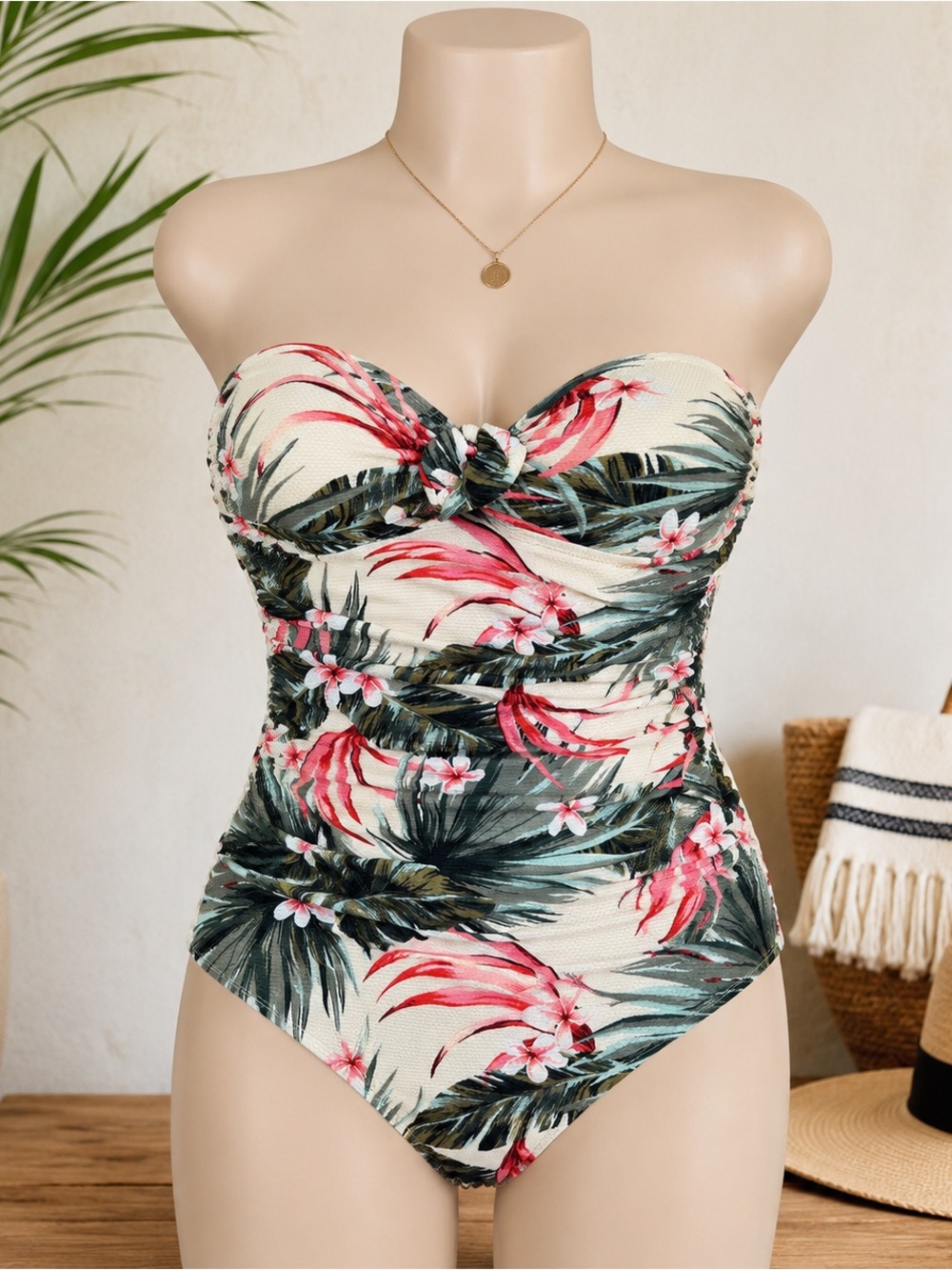 Kona Sol Tropical Floral One Piece Swimsuit XL Tummy Control Strapless